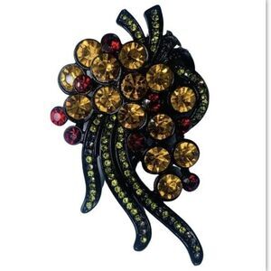 Women Red Orange Faceted Rhinestone Flower Bouquet Black Vintage Pendant Brooch